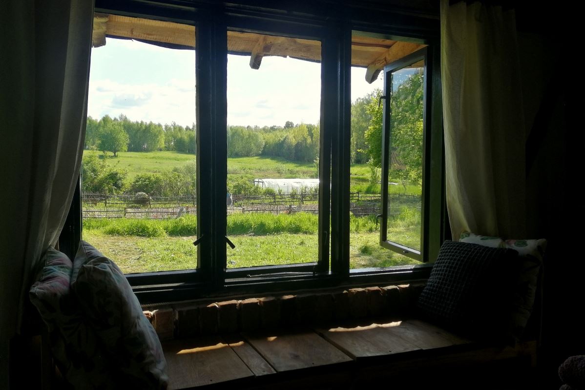 Summer cabin outdoor view from the bed